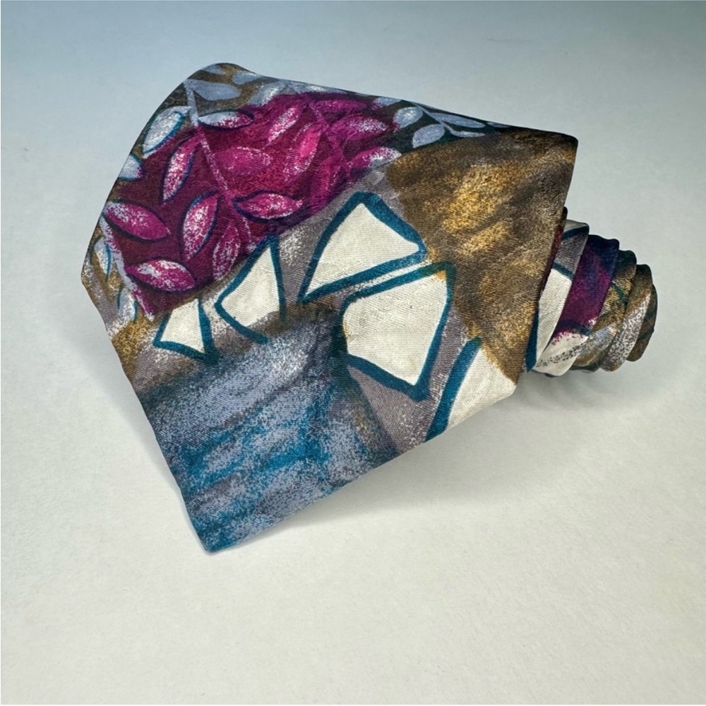 Vintage CHARVET Abstract Floral Jewel-Tone Classic Handmade Silk Tie, 4” - Picture 7 of 7